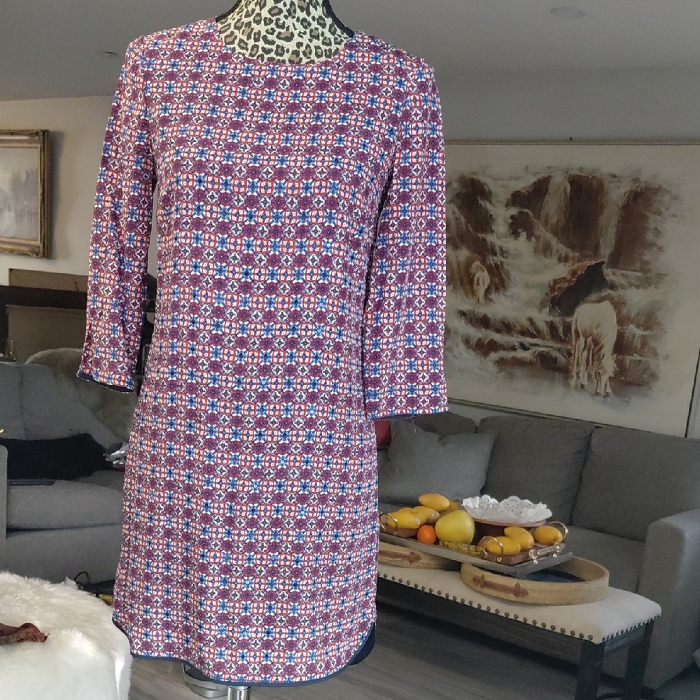 100% Silk Juicy Couture Red and Blue Geometric Long Sleeve Dress